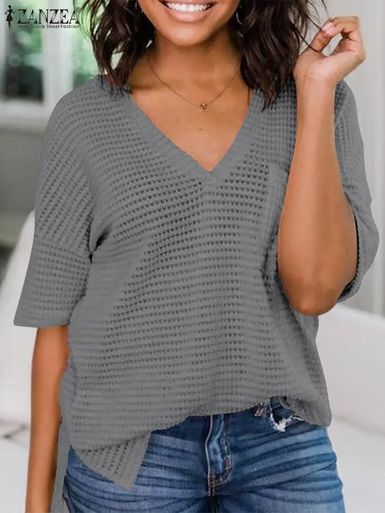 

2022 ZANZEA Summer Fashion Women Tops Femininas Short Sleeve V Neck Blouse Shirt Casual Solid Tunic Loose Chemise Blusas