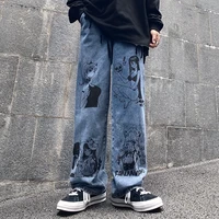 ladies streetwear jeans harajuku cartoon anime retro washed jeans printed jeans fashion mens jeans loose wide leg pants cotton