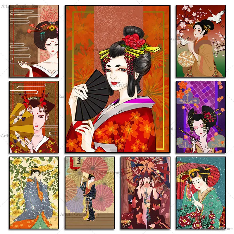 

Плакаты Geisha Ukiyo-e Crane Koi для суши в японском стиле, женские постеры на холсте для гостиной, настенная живопись, домашний декор в японском магаз...