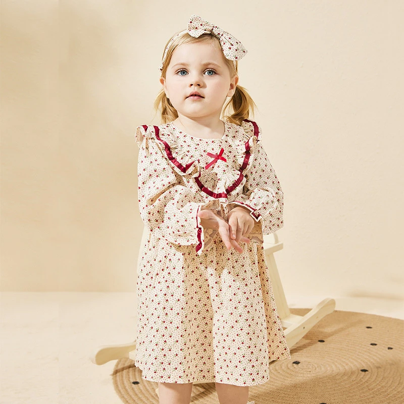 

Korean Children's Dress Baby Girl Jumpsuit Flower Printed Long Sleeved Dress Autumn and Winter Girl Princess Dress