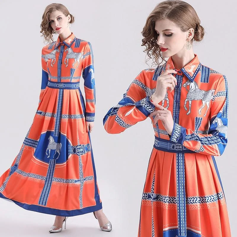 

Vintage Autumn Midi Dresses Women Mid-east Ankle-Length Turn-down Collar Elegant Long Sleeve Fashion Dress