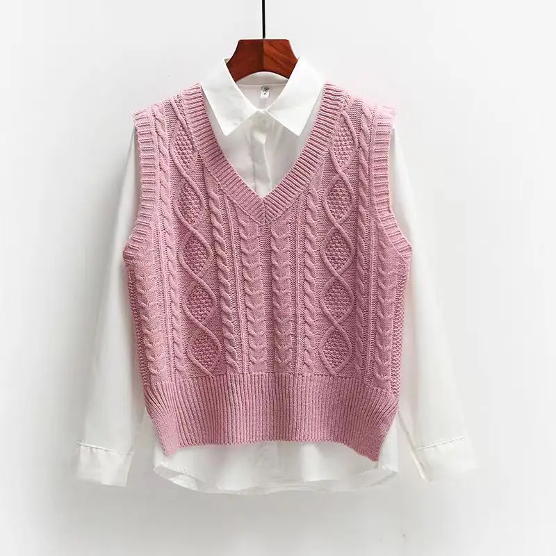 

A GIRLS Women Pink Vest Solid Short Loose Korean Sleeveless Sweater V-Neck All-match Female Coats Simple Leisure Outwear