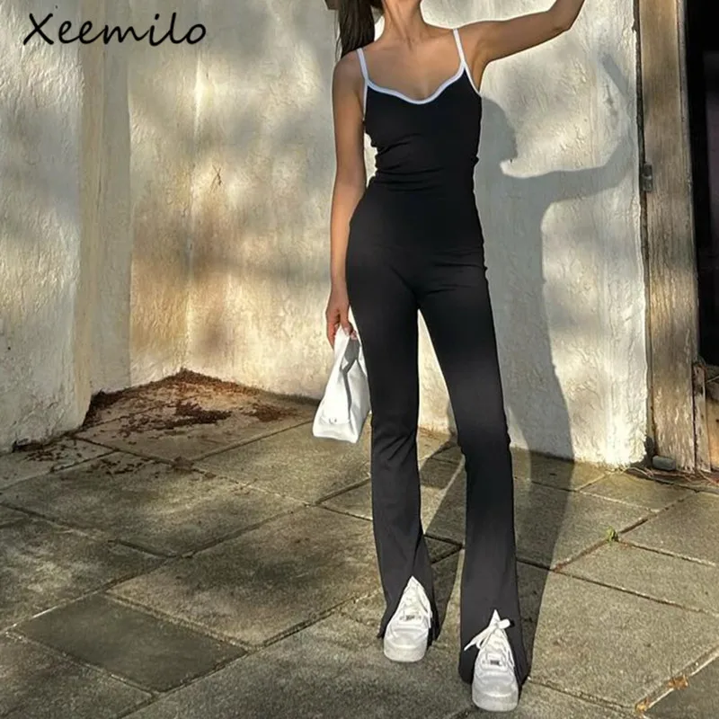 

Сексуальный комбинезон Xeemilo в рубчик на бретельках 2023, модный слитный комбинезон с глубоким вырезом без рукавов, с разрезом, брюки, высокая уличная одежда, женские комбинезоны