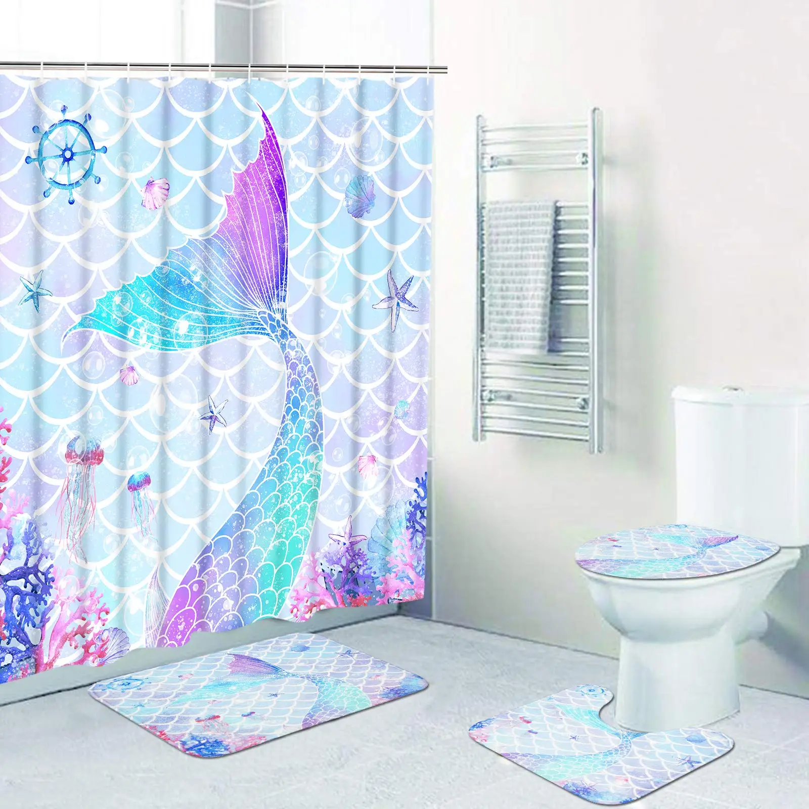 Mermaid Shower Curtain Set with Non-Slip Rugs Toilet Lid Cover Bath Mat Kids Ocean Coral Starfish Bathroom Shower Curtains Set