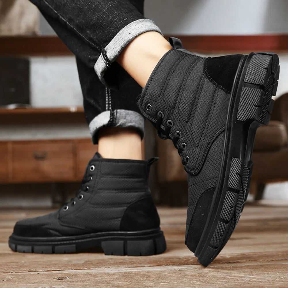 

Мужские зимние ботинки из ткани Оксфорд, черные плюшевые теплые короткие ботинки, утепленные высокие ботинки из хлопка, Уличная обувь для п...