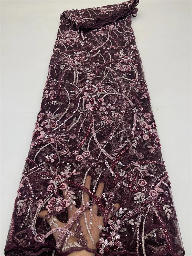 

Luxurious Nigerian Handmade Beaded Lace Fabric 2023 High Quality Sequins Beaded Embroidery African French Lace Fabric For Dress