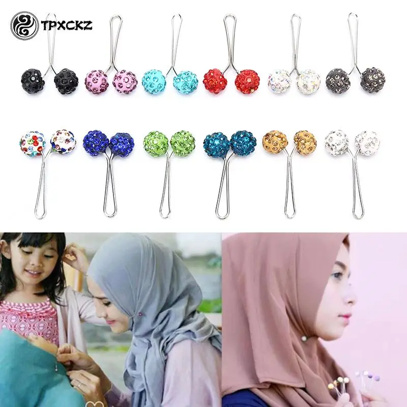 12Pcs Rhinestone Ball Muslim Hijab Clip Brooch Pins Scarf Safety Women Clips Pin Fixed Straps Anti Slip |
