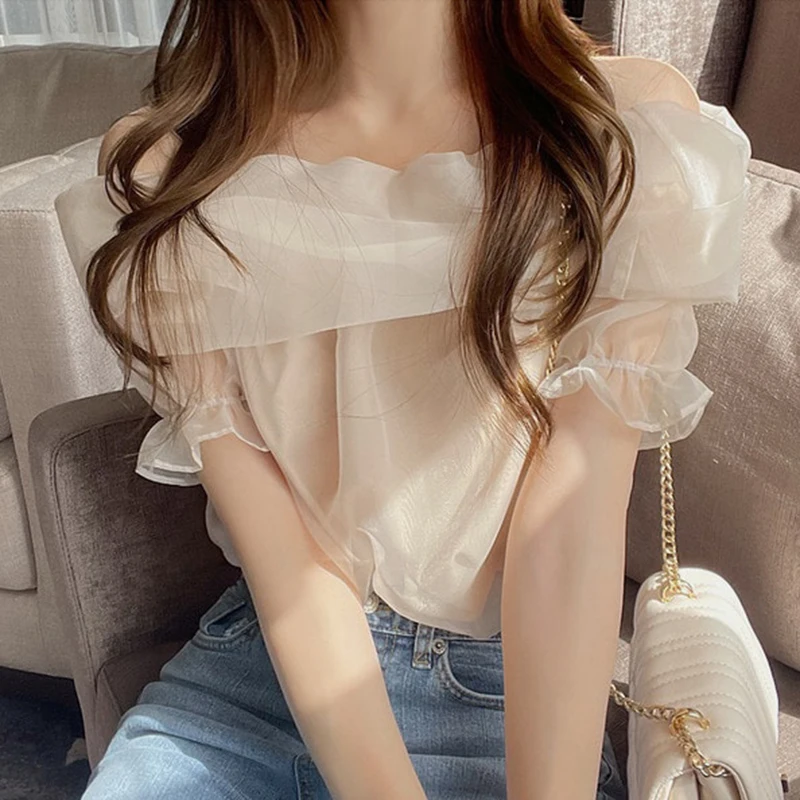 

WDMSNA, корейские шикарные летние блузки, Женская облегающая блузка с открытыми плечами и воротником, однотонная газовая рубашка с пышными рукавами для женщин