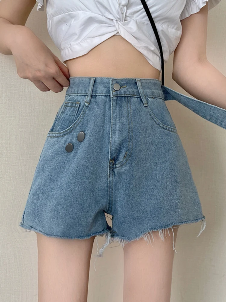 New Spring Summer Women Asymmetrical High Waist Blue Denim Shorts Streetwear Female Raw Hem Loose Jeans Shorts Bottoms