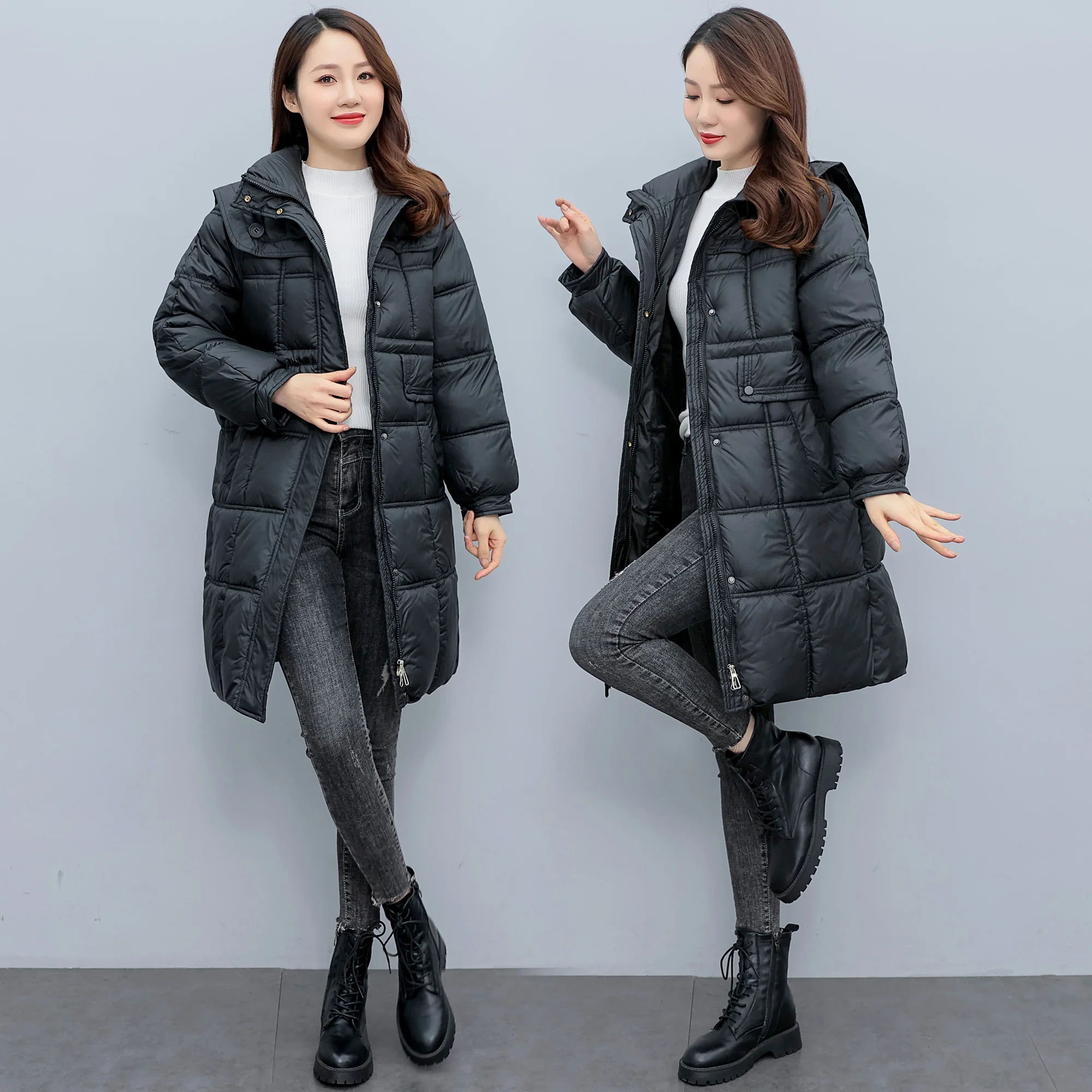 

2022 New Women's Dress Winter Slim Waist Mid length Down jacket Cotton jacket Women's black slim stand collar coat