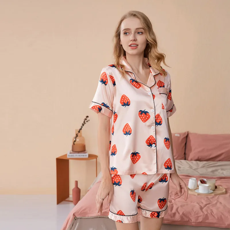New Summer Women's Sleepwear Cute Strawberry Print Sleep Shorts Pajama Set Short Sleeve V-Neck Nightwear Home Clothes Sleepwear
