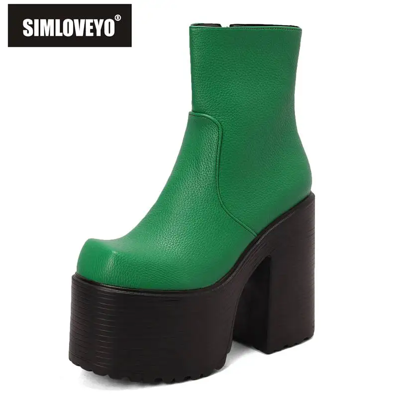 

SIMLOVEYO Woman's Ankle Boots Square Toe Super High Heels 15cm Platform Hill 8cm Zipper Plus Size 43 44 Solid Concise Booties