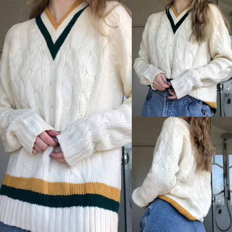

Women's Fashion V Neck Long Sleeves Color Stripe Pullover Knitted Sweater Fashion Loose Knit Pullover