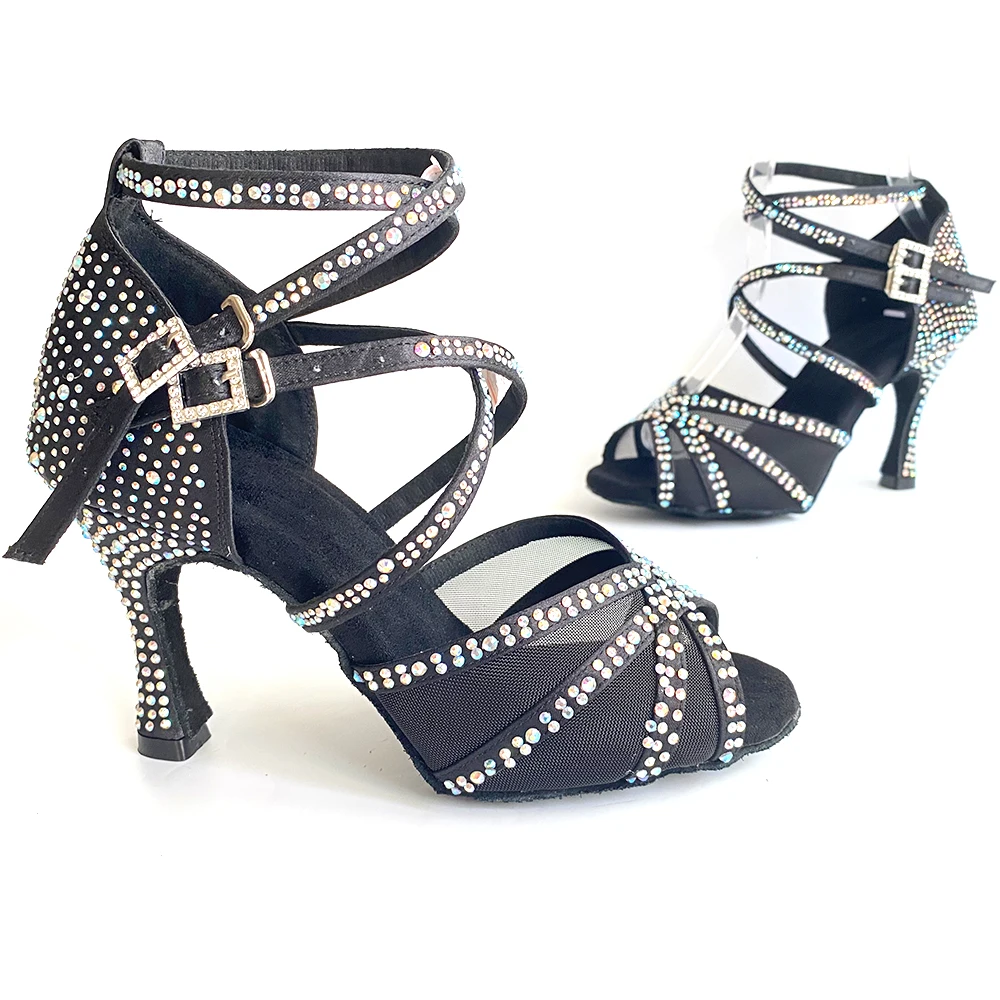 Indoor Dance Shoes Rhinestones Black Satin Latin Shoes Suede Outsole Soft insole Salsa Competitive Dancing Shoes For Latin