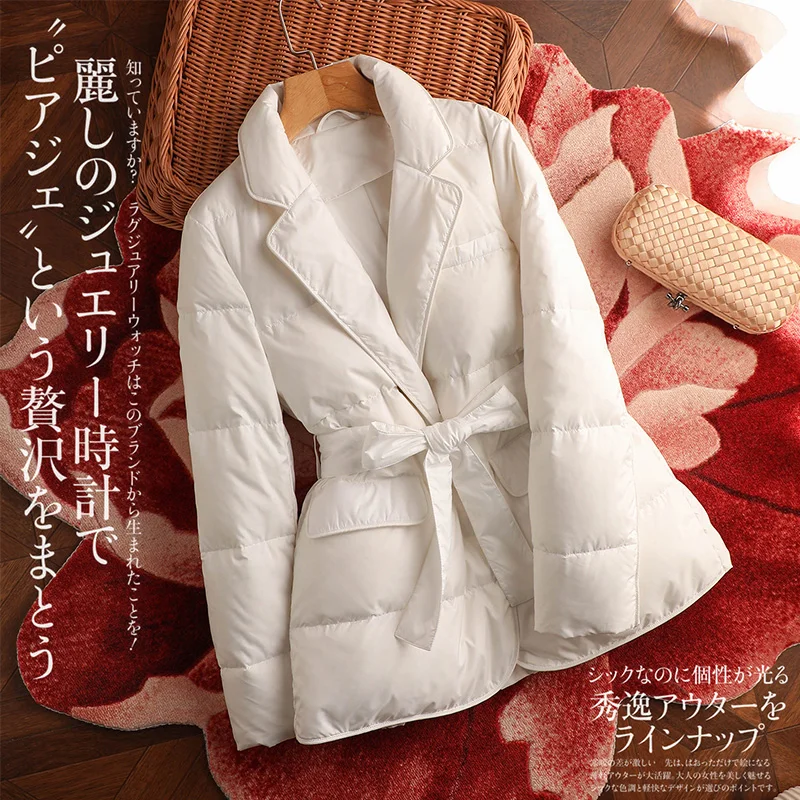 Fashion Design New Thin 90% White Duck Down Jackets Coat Luxury Winter Belt Slim Adjustable Waist Spliced Abrigos Mujer Invierno