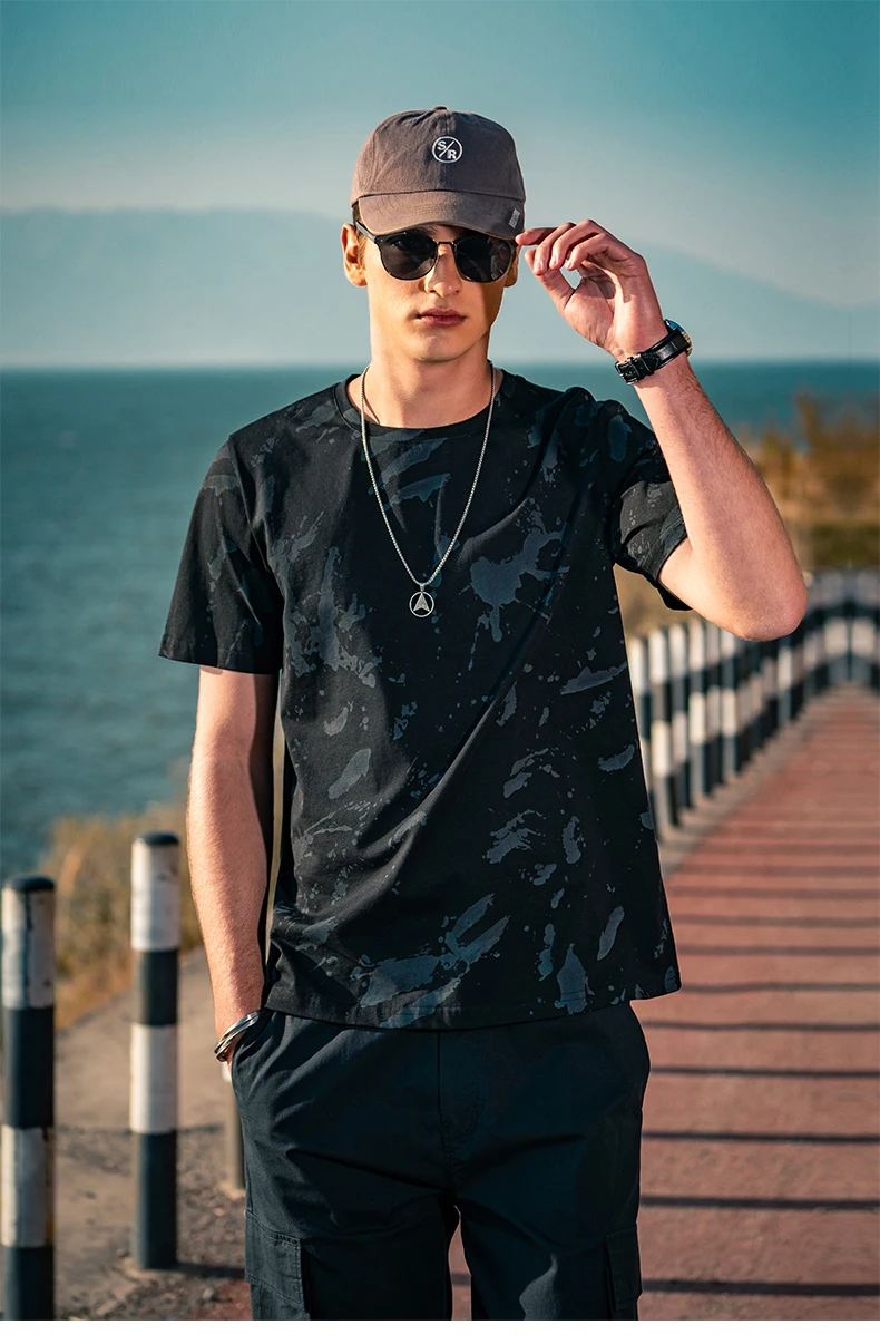 

8017 Simple men's creative personality splash ink half-sleeved shirt youth cotton short-sleeved T-shirt