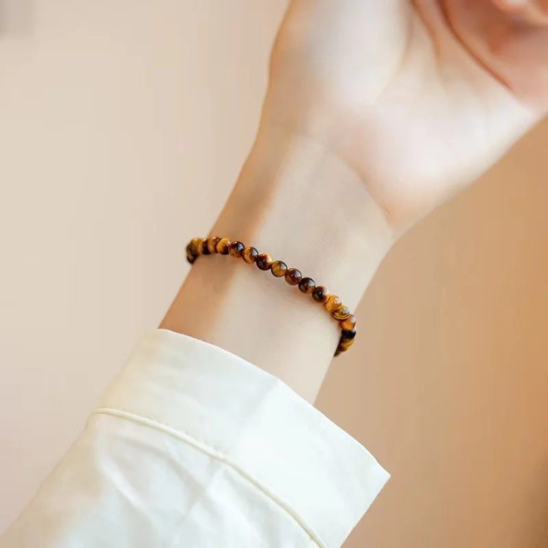 

Natural Tiger's eye Stone Bracelet Tiger Eye Stone Hand String 4mm Round Beads Cat's Eye Shows White Tide Vintage Style