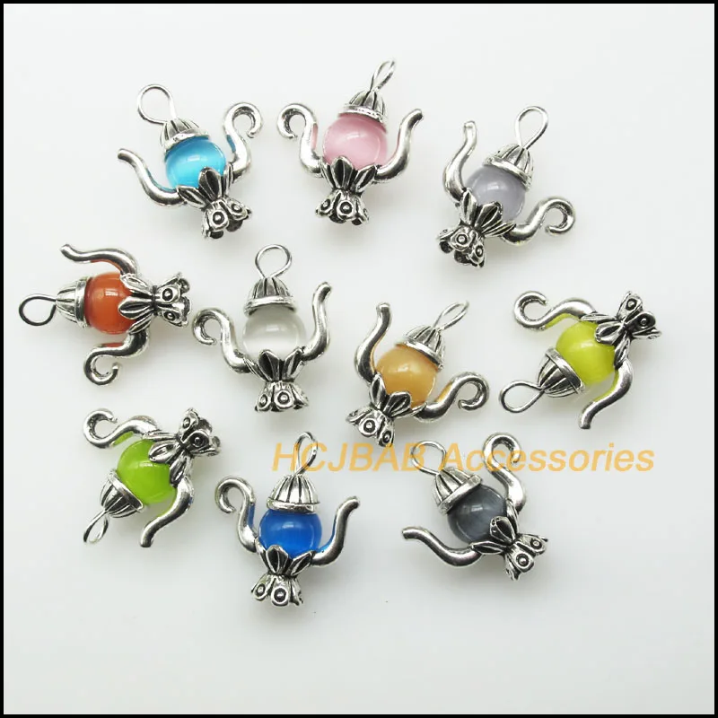 

10 New Teapot Charms Mixed Cat eye Round Beads Pendants Antique Silver Color 19x22mm