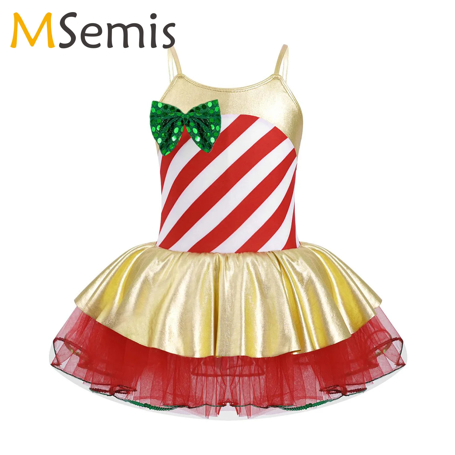 

Kids Girls Sequins Ballet Tutu Dress Cami Dress Stripe Mesh Gymnastic Leotard Figure Skating Dress Christmas Elf Costume