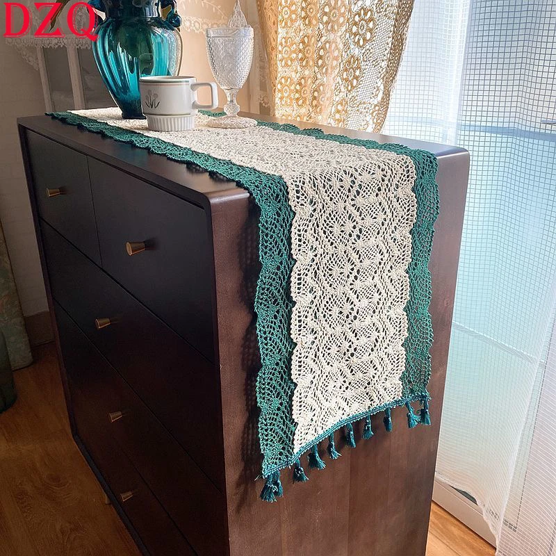 

Bohemian Woven Hollow Crocheted Rectangle Table Runner Living Room TV Cabinet Geometry Tablecloth Handmade Cotton Tablecloth 009