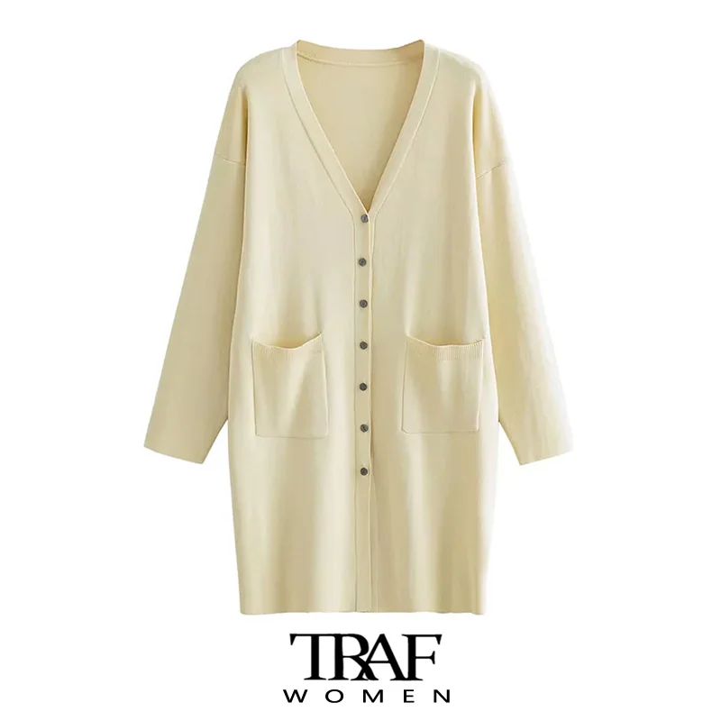 

TRAF Women Fashion With Pockets Loose Knit Cardigan Sweater Vintage Long Sleeve Button-up Female Outerwear Chic Tops