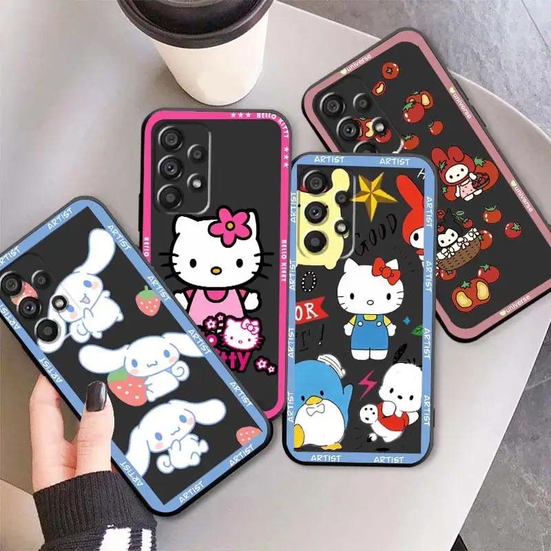

Cute Hello Kitty Cinnamoroll Black Phone Case For Samsung A73 A72 A71 A53 A52 A51 A42 A34 A33 A32 A23 A22 A21 A13 A04 A03 5G