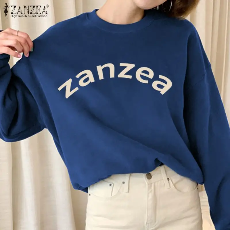 

Fashion Women Letter Printed Sweatshirts ZANZEA 2022 Spring Autumn Long Sleeve Pullovers Oversized Casual Solid Loose Baggy Top