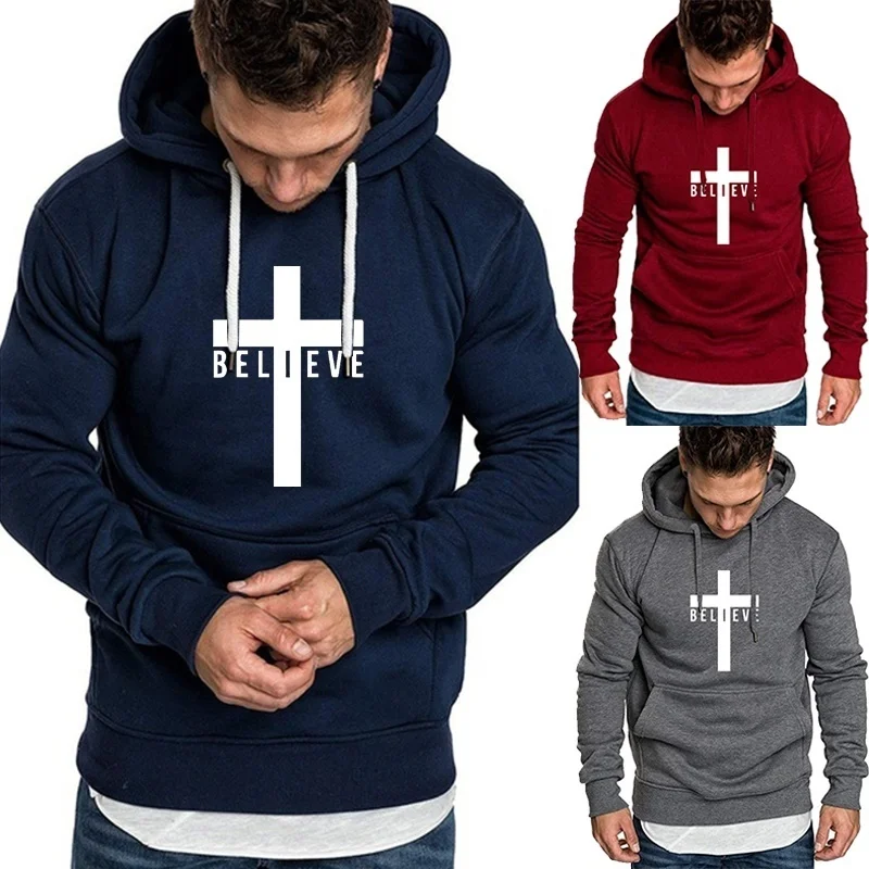 

I Believe In God Christian Men's Fashion Hoodies Cross Print Black White Jesus Tops Pullover