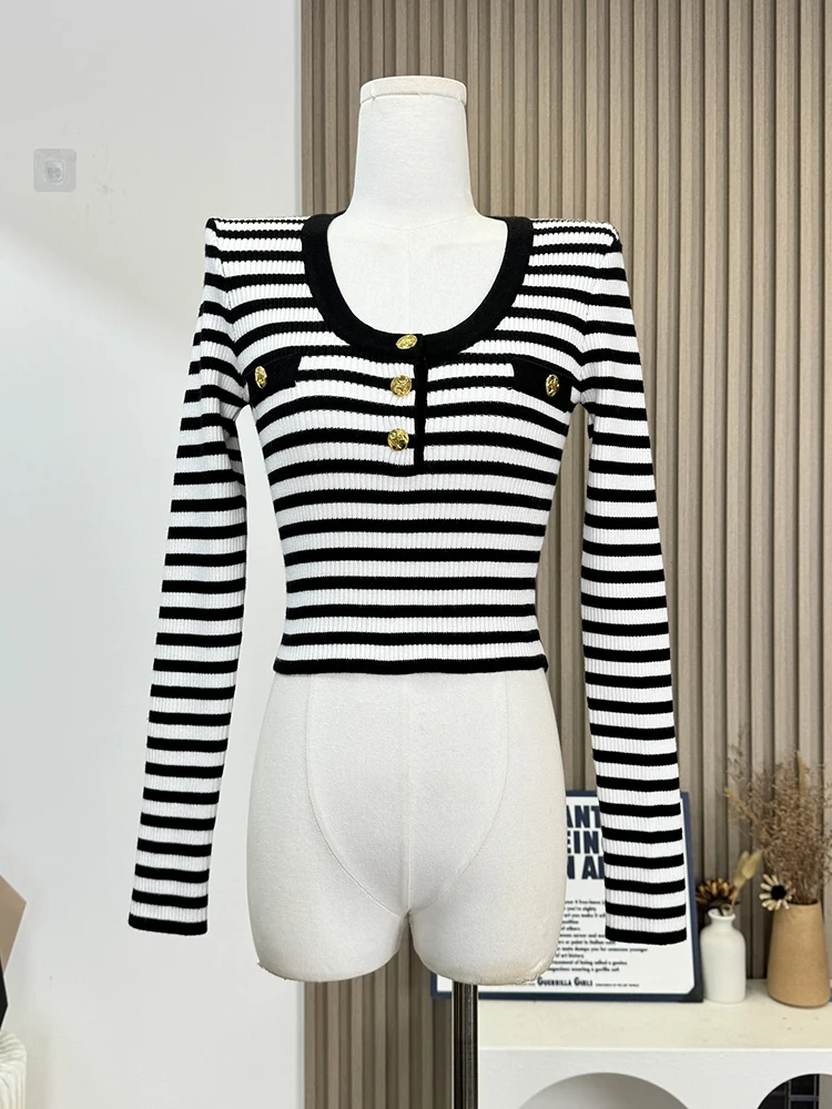 Зимний женский полосатый винтажный тонкий трикотаж с длинным рукавом