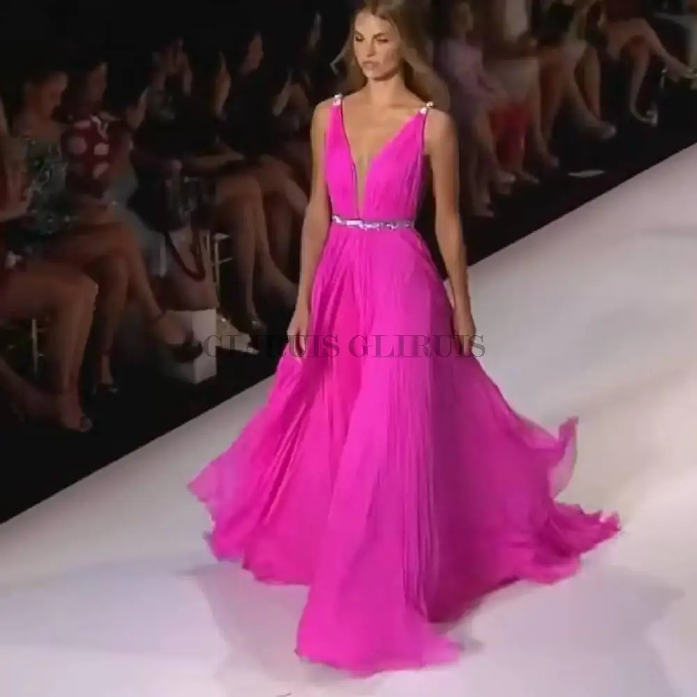 

Женское вечернее платье с открытой спиной, длинное розовое платье трапециевидной формы с V-образным вырезом, расшитое бисером, на заказ