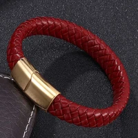 vintage wine red genuine leather braided bracelet men women jewelry golden stainless steel magnetic clasp fashion bangle fr0226