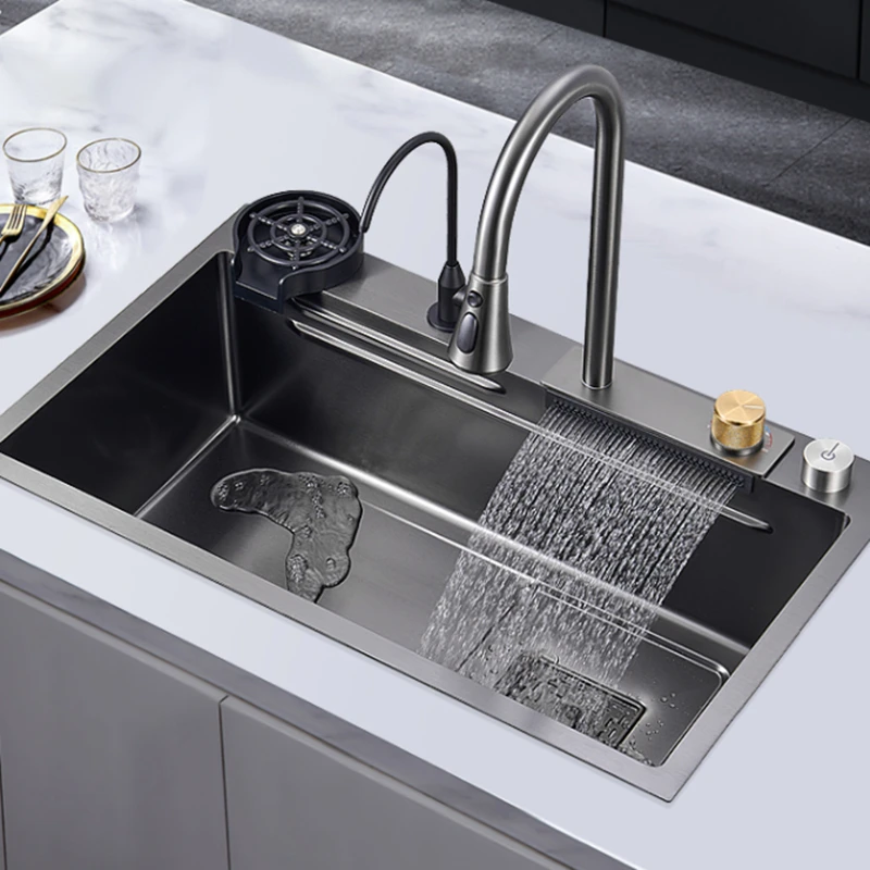 

Kitchen Sink Waterfall Faucet Pullout Water Tap Kitchen Accessories Application Single Stainless Steel Bowl Basin Kitchen Sink