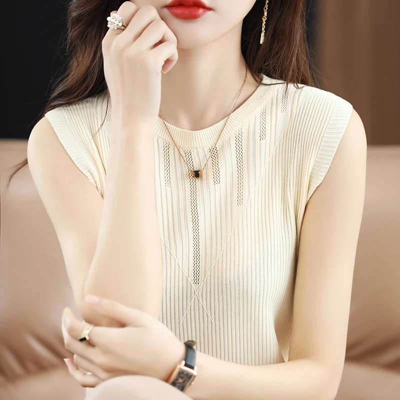 

2022 Summer New 100% Cotton T-Shirt Casual Solid Color Knit Sweater Sleeveless Ladies Tops Crew Neck Tees Blouse Hot