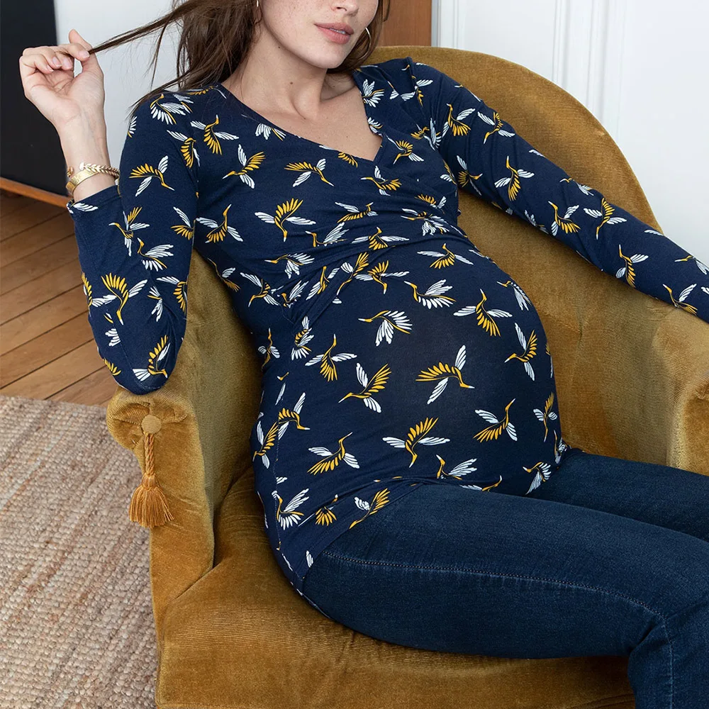 Long Sleeve Maternity Shirt for Leggings Cotton Casual Loose Pregnancy V-Neck Top Wrap Blouse Outdoor Nursing T-shirt Clothes enlarge