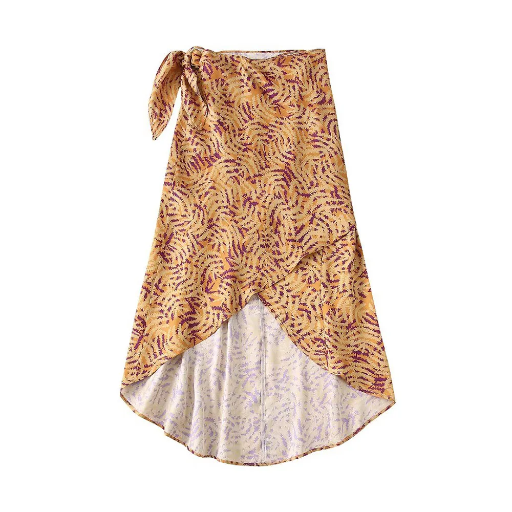 

Women 2022 Summer New Chic Fashion Print Sarong Skirt Retro Asymmetric Bow High Waist Female Midi Skirt Mujer