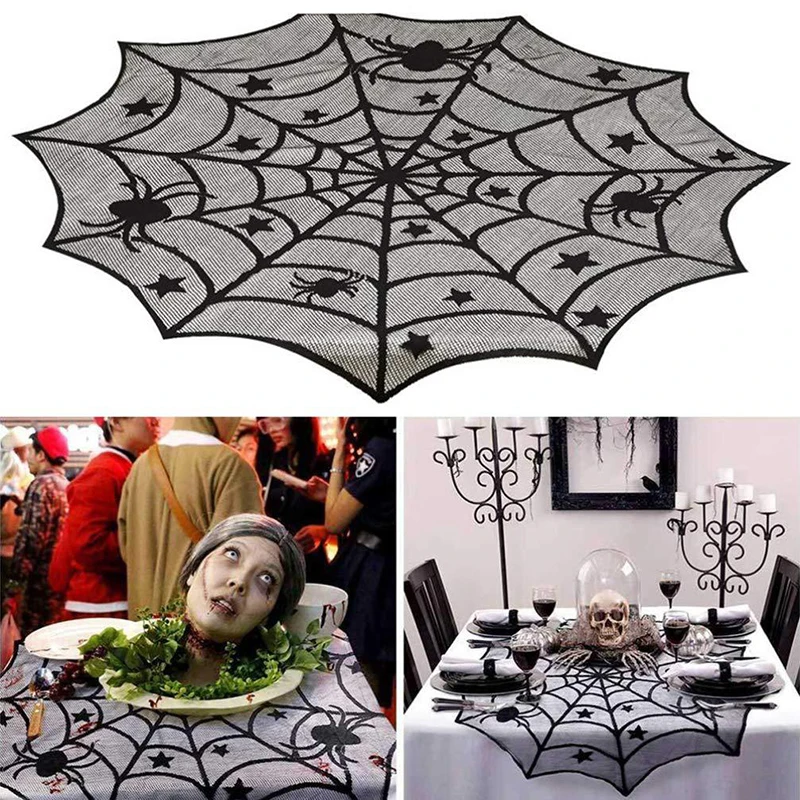

Halloween Table Flag Spider Web Table Cloth Door Curtain Black Lace Fireplace Cloth Decor Spooky Festival Home Decoration Supply