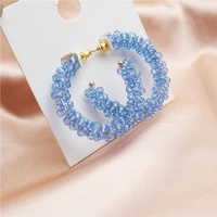 fashion blue clear round beads hoop earrings for women trendy geometric circle handmade gold metal earrings jewelry new