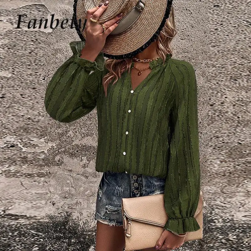 

Рубашка женская с рюшами на воротнике, модный Повседневный пуловер с длинным рукавом, однотонная блузка на пуговицах, с V-образным вырезом, на осень-весну