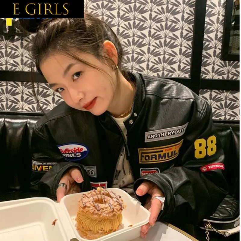 

E GIRLS Leather jacket bomber new outerwear black vintage varsity Jackets racing American oversize baseball Jacket design
