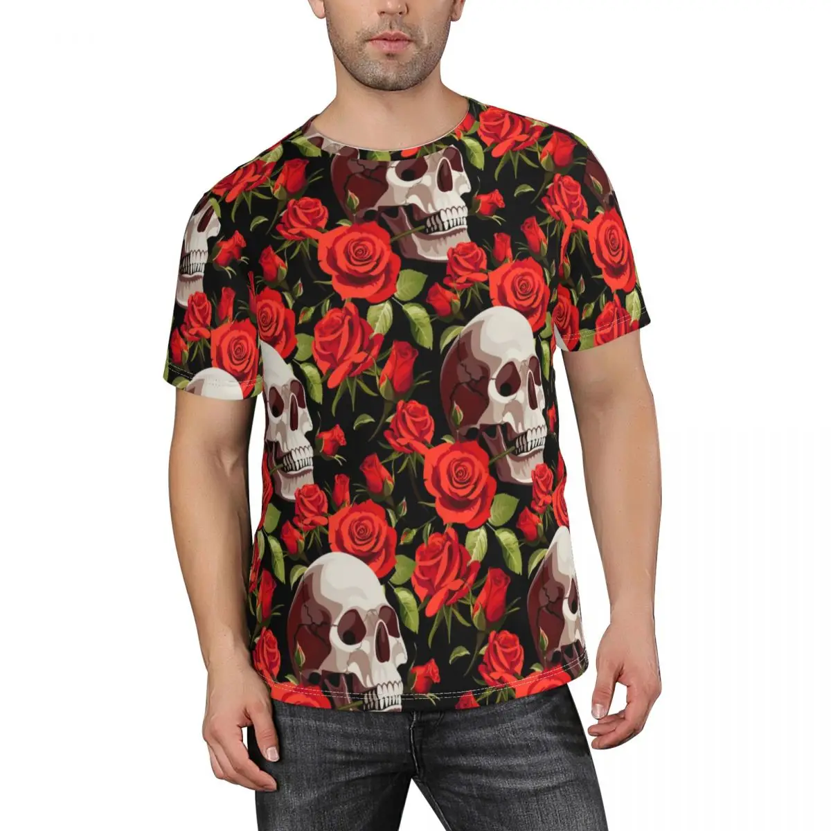 

Мужские и женские модели футболок топы с черепами и красными розами Повседневная мужская футболка с коротким рукавом