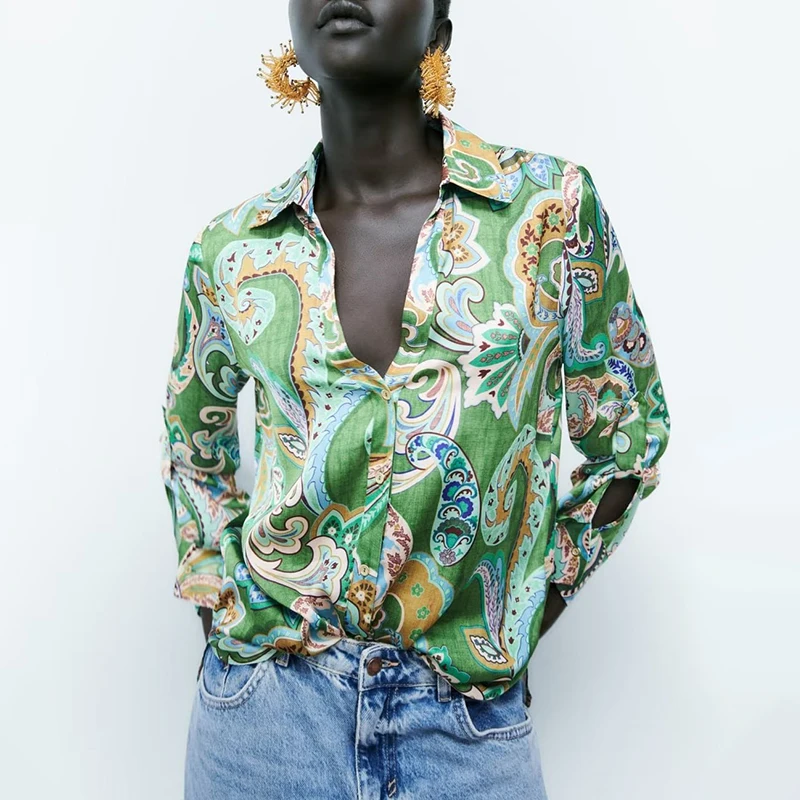 

2022 Spring Women Fashion Printed Shirt Versatile Folds Long Sleeve Single-breasted Lapel Female Shirt Chic Top LY9979