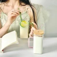 large square simple glass transparent cold drin with straw bamboo lip milk juice cup drink cup mousse cup water cup wine glass