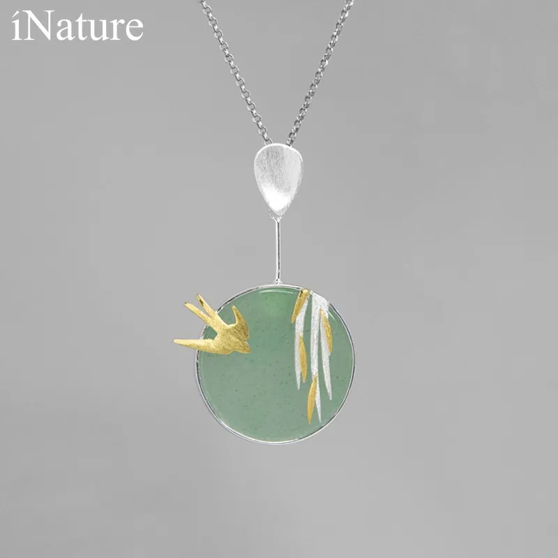 

INATURE 925 Sterling Silver Natural Aventurine Flying Hummingbird Pendant Necklace For Women Fashion Jewelry Gift