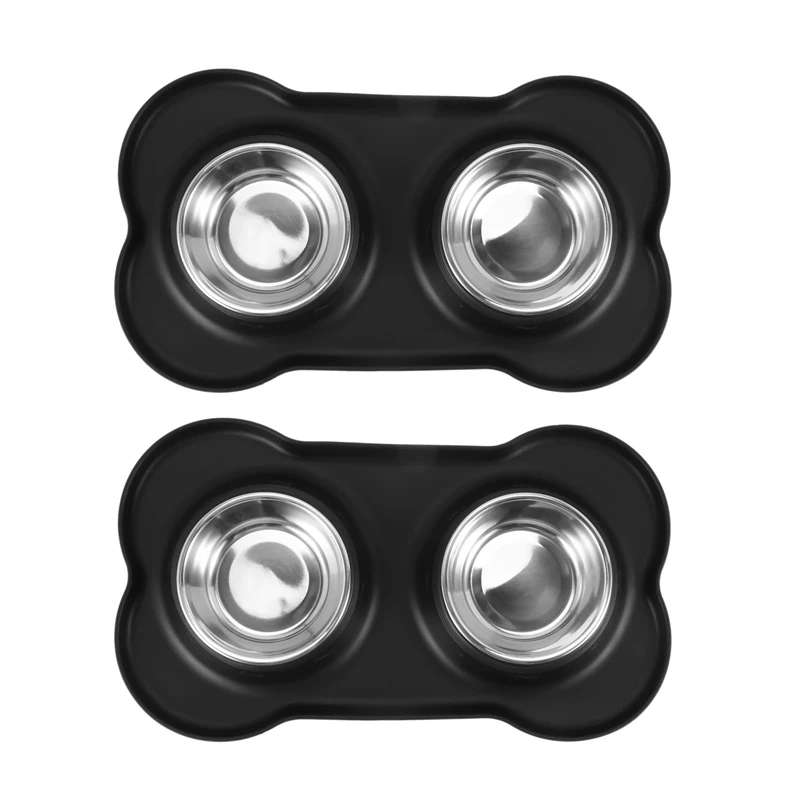 

2X Dog Bowls Stainless Steel Water And Food Feeder With Non Spill Skid Resistant Silicone Mat For Pets Puppy Small Dogs