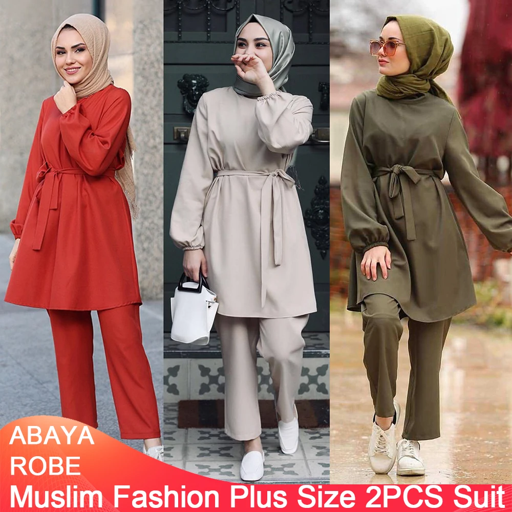 Muslim Plus Size 2PCS Suit Women's Arab Girl Solid Color Long Sleeve Suit Dresses Muslim Woman Turban Burkini Muslim Woman 2022