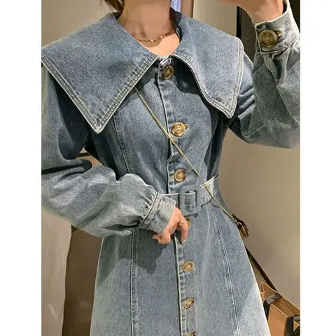 

Ladies 2023 Spring New Retro Anti-Aging Polo Collar Casual Long-Sleeved Denim Dress High Waist Temperament Dress for Women V390