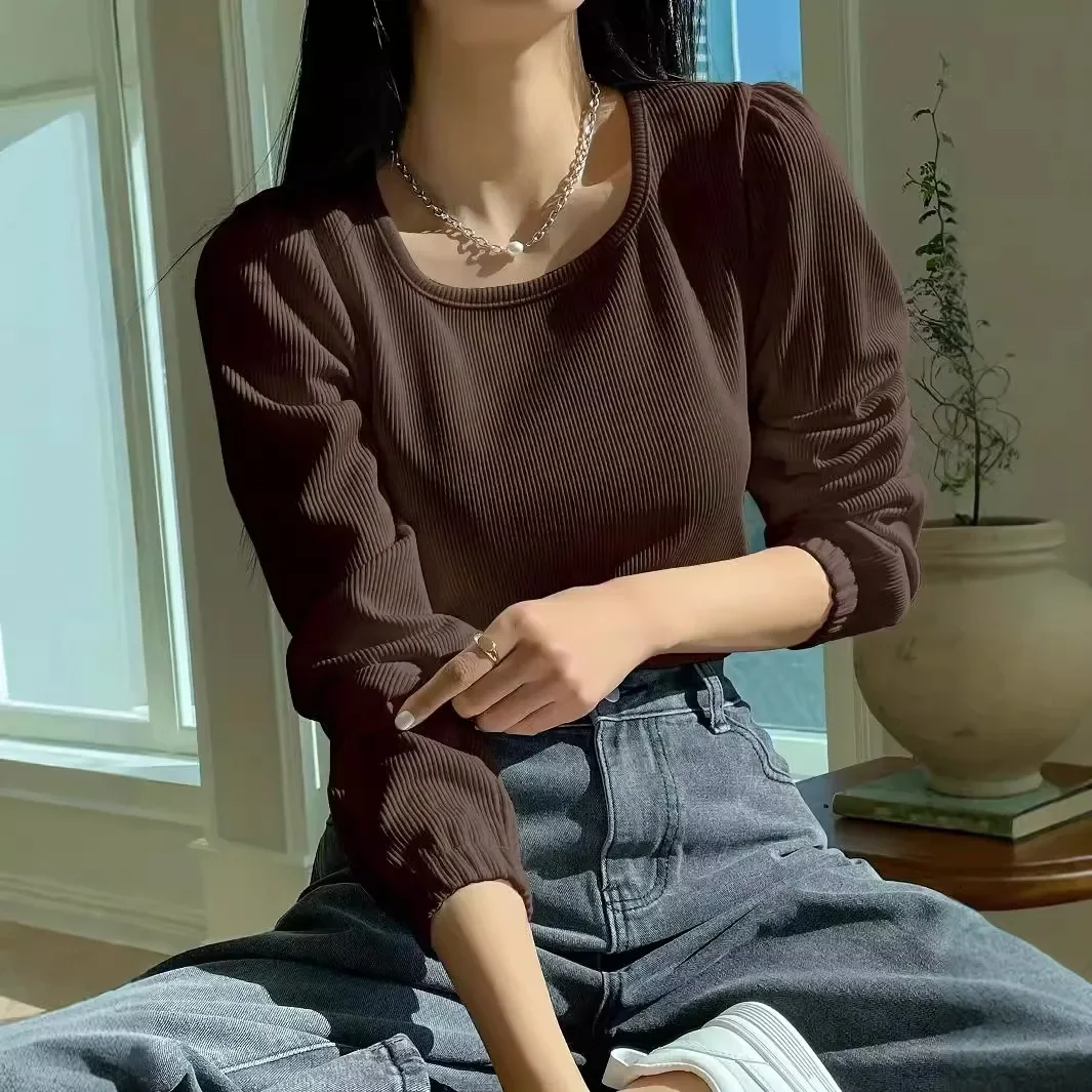 2024 новый стиль женская осенняя футболка с длинным рукавом базовый слой