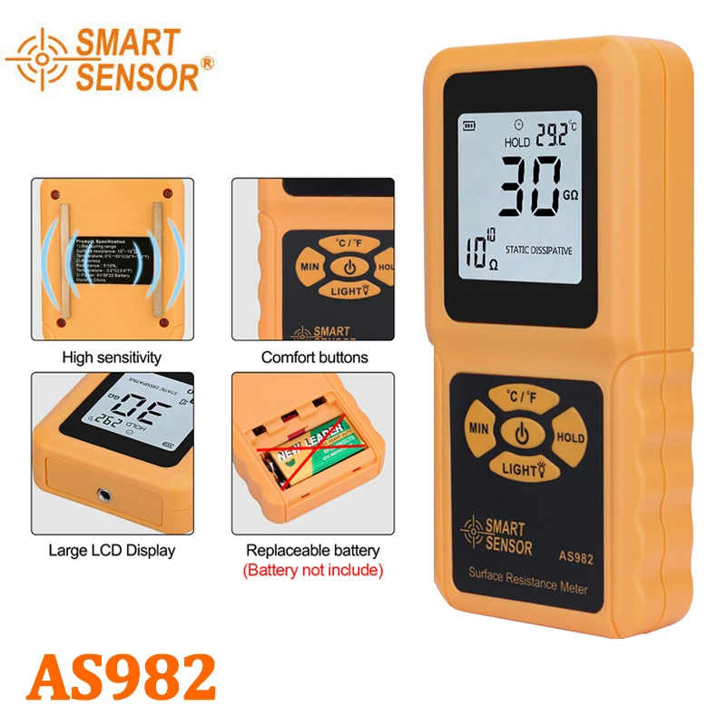 

Smart Sensor AS982 Portable LCD Display Surface Resistance Meter Tester Handheld Surface Resistance with Data Holding Function