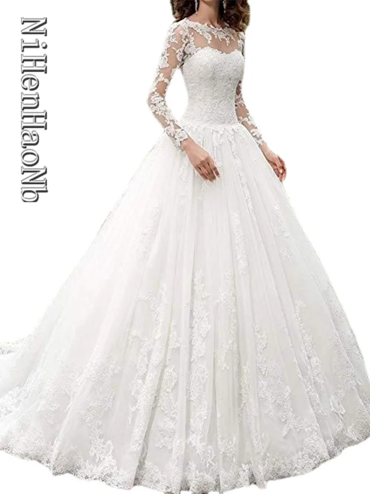 

Sexy Lace Wedding Dresses Long Train Embroidered Bride Princess Dress Applique Sexy Wedding Dresses