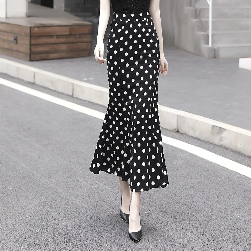 Women Summer New  S-3xl Skirt Korean Vintage Polka Dot Slim High Waist A Line Midi Skirt Female Black White Red Streetwear